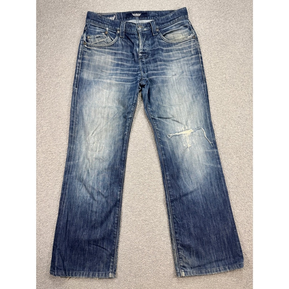 Rock & Republic Jeans Men's 34 Blue Straight Leg Button Fly Whiskered Faded Y2K